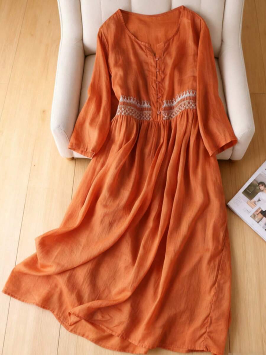 复古刺绣A字连衣裙，流浪风艺术圆领七分袖刺绣休闲日常中长连衣裙，V领优雅春季款 - 橘色 - 查看 1