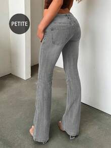 Retro Elegant High Waist Button Slim Fit Low Waist Sexy Casual Washed Solid Color Jeans Spring ,Petite Women - Light Grey - View 3