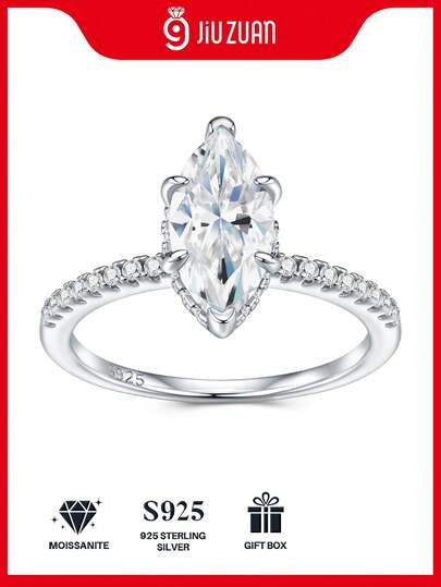 925纯银莫桑石戒指，女士款，低过敏性，高端订婚/结婚戒指，情人节/生日礼物，防氧化礼盒包装