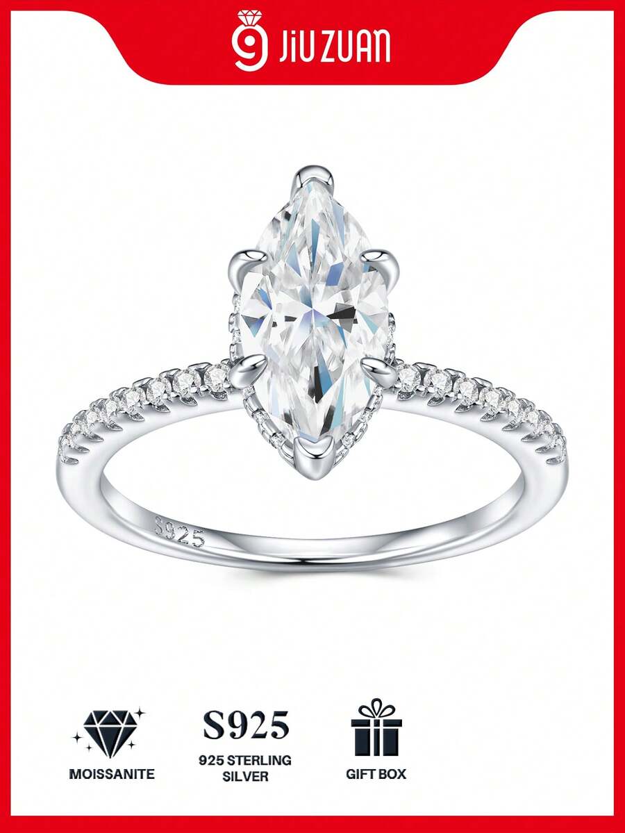 925纯银莫桑石戒指，女士款，低过敏性，高端订婚/结婚戒指，情人节/生日礼物，防氧化礼盒包装