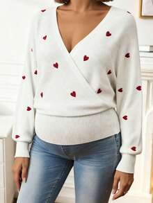 Maternity Sweater, Loose Fit, Heart Print Design, Casual Elegant For Daily Wear And Dates, Long Sleeve Maternity Pullover