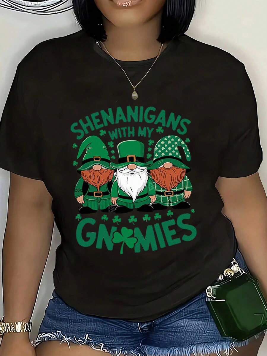 Shenanigans With My Gnomies St Patrick's Day Shirt Funny Leprechaun Gnome Family T-Shirt For Women Men Holiday Celebration Gift Green Shamrock Design Cute Irish Themed Apparel,220g - 黑色 - 查看 1