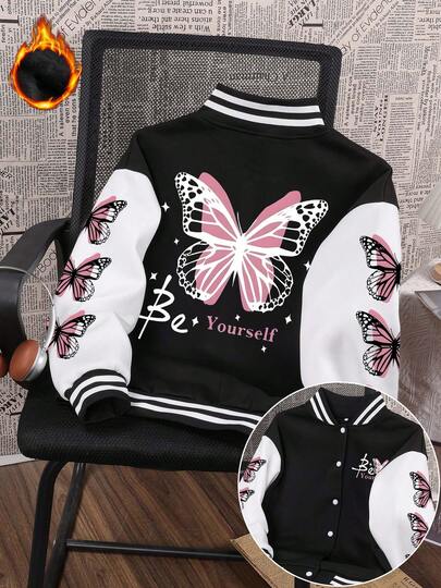 Es Trus Autumn And Winter Women's Fun Print "Butterfly" Be Yourself Letter Personalized Pattern Print Versatile Street Fashion Jacket, Korean Hip-Hop Comfortable Retro Fashion Commuting Versatile Clothing Women's Long Sleeve Baseball Jacket, Suitable For Outdoor Leisure, Regular Niche Punk Style Well-Fitting Black And White Baseball Jacket
