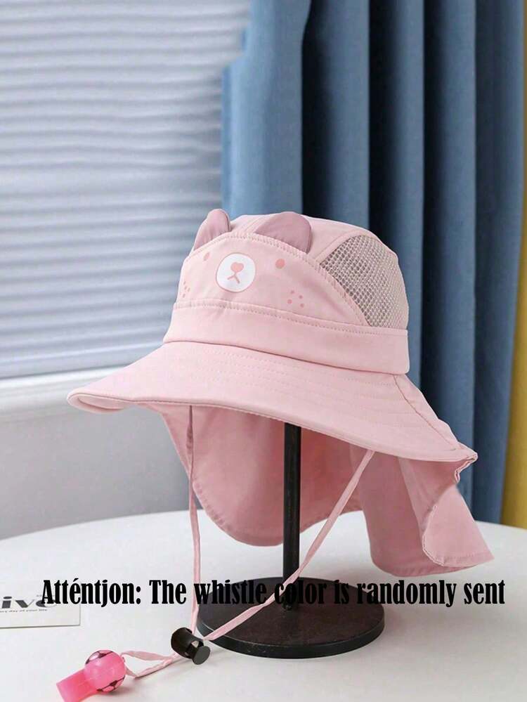 1pc Toddler & Kids' Navy Blue Shark Cartoon Bucket Hat With Neck Strap, Adjustable Drawstring, Outdoor Sports Cap, Random Whistle Color, Spring/Summer - Pink - View 4