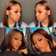 28 Inch Black Straight Blended Human Hair Bobo Wig, 13x6 High Definition Transparent Lace Front Wig, 200% Density, Pre-Plucked Hairline, Pre-Bleached Knots, 4x4 Lace Front Wig - S4 - View 10
