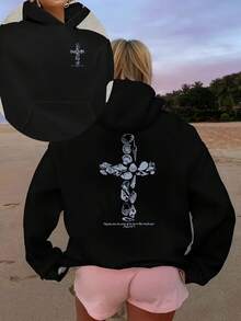 Women Seashell Cross Scripture Double Sided Graphic Hoodie Oversized Long Sleeve Coastal Faith Christian Loose Casual Beach Pullover Sweatshirt - 黑色 - 查看 12