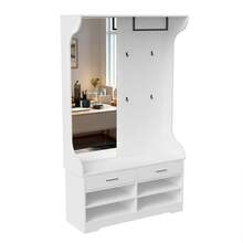Set guardaroba, set guardaroba da ingresso con scarpiera aperta e specchio, 4 ganci appendiabiti, 1 asta appendiabiti, 2 cassetti, appendiabiti da ingresso (bianco, 104 x 35 x 180 cm) - Bianco - Visualizzare 7