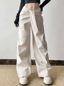 Pantalones de pata ancha con cintura plisada y diseño retorcido para mujer Diseño asimétrico cruzado en la cintura. Pantalones anchos de corte holgado con efecto adelgazante. Pantalones informales juveniles con efecto drapeado. - Blanco - Ver 1