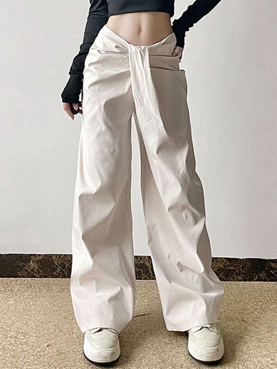 Pantalones de pata ancha con cintura plisada y diseño retorcido para mujer Diseño asimétrico cruzado en la cintura. Pantalones anchos de corte holgado con efecto adelgazante. Pantalones informales juveniles con efecto drapeado. - Blanco - Ver 1