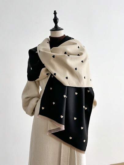 1pc Jacquard Knit Heart Pattern Faux Cashmere Shawl, Fashionable Versatile Air Conditioning Wrap, Thick & Warm, Suitable For Daily Use