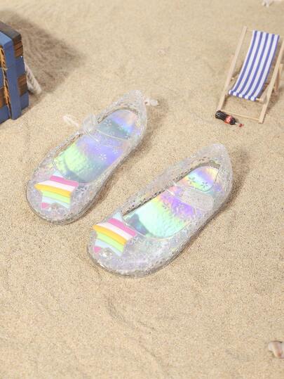 1 Pair Girls' Summer Colorful Transparent Sandals With Hook And Loop, Cute Star Design, Comfortable, Fashionable Floral Hollow-Out, Princess Style, Versatile For Summer Vacation, Outings, Photo Shoots