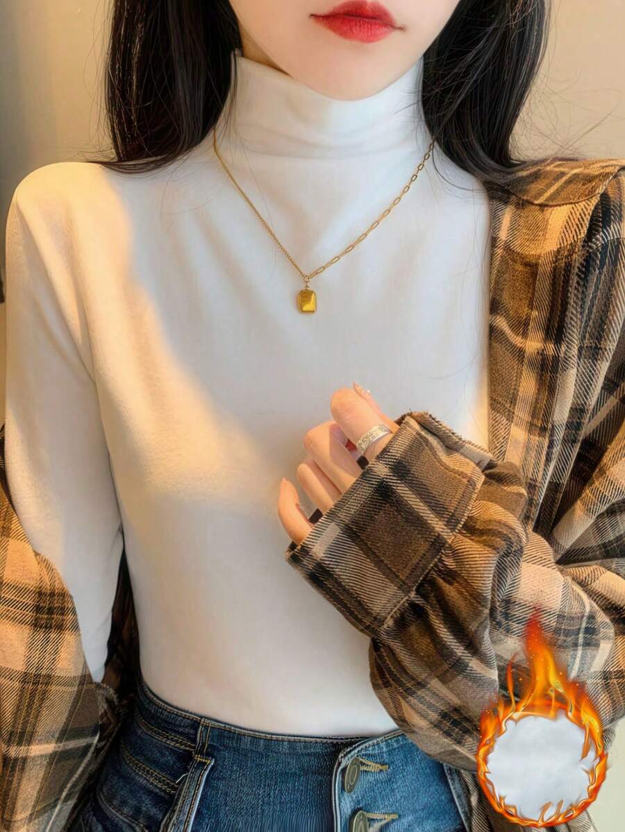 270g Autumn/Winter Thermal Turtleneck Long Sleeve Base Layer, Warm, Slimming, Solid Color, White, Versatile - White - View 1