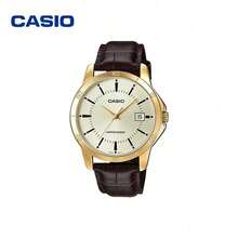 Casio 卡西欧金色表盘腕表，真皮砖红色表带，41.5毫米超薄表壳，日本石英机芯，商务休闲款 MTP-V004GL-9A - 均碼 - 查看 1