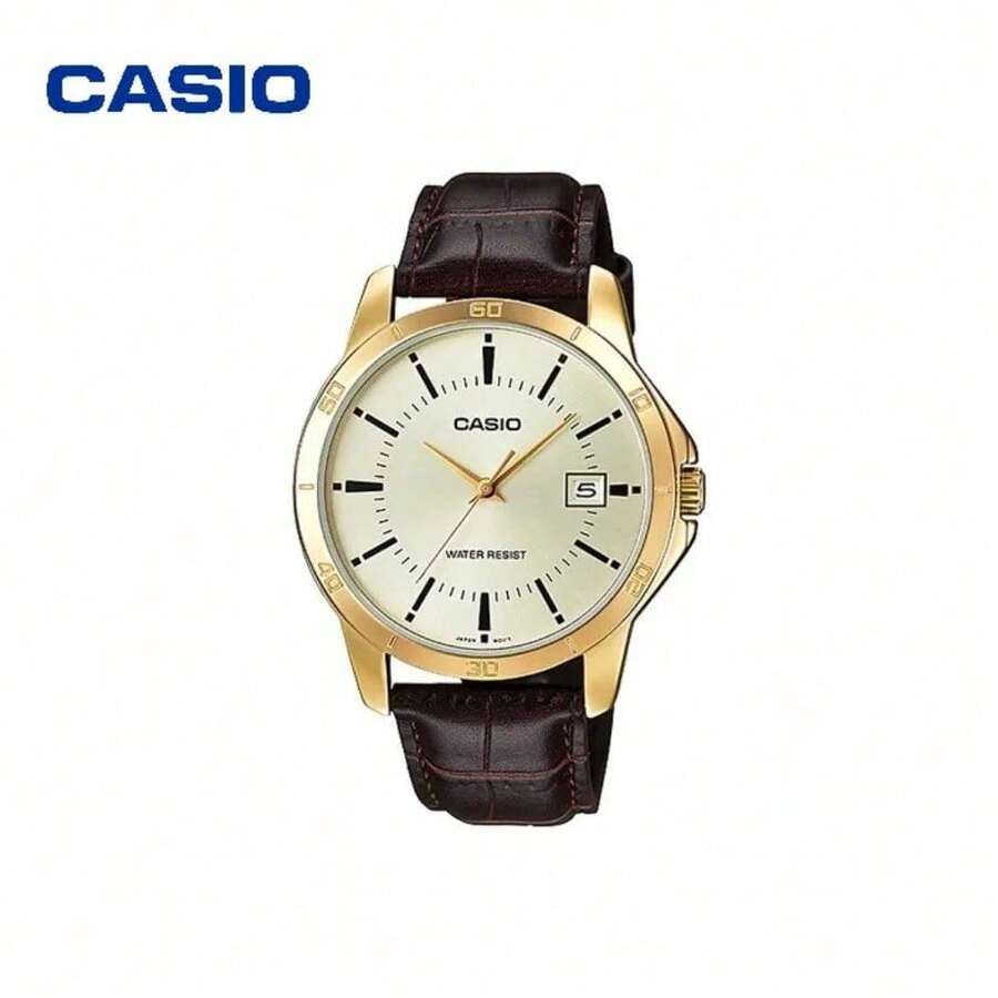 Casio 卡西欧金色表盘腕表，真皮砖红色表带，41.5毫米超薄表壳，日本石英机芯，商务休闲款 MTP-V004GL-9A - 均碼 - 查看 1