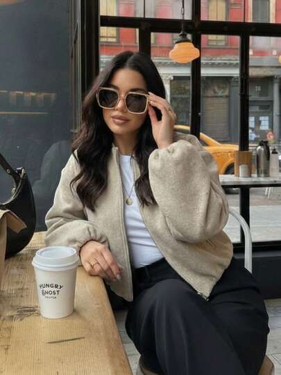 Chaqueta versátil de unicolor de cuello redondo para mujer, estilo casual y elegante, abrigo de lana color caqui para mujer en otoño/invierno, ideal para Año Nuevo/Día de San Valentín