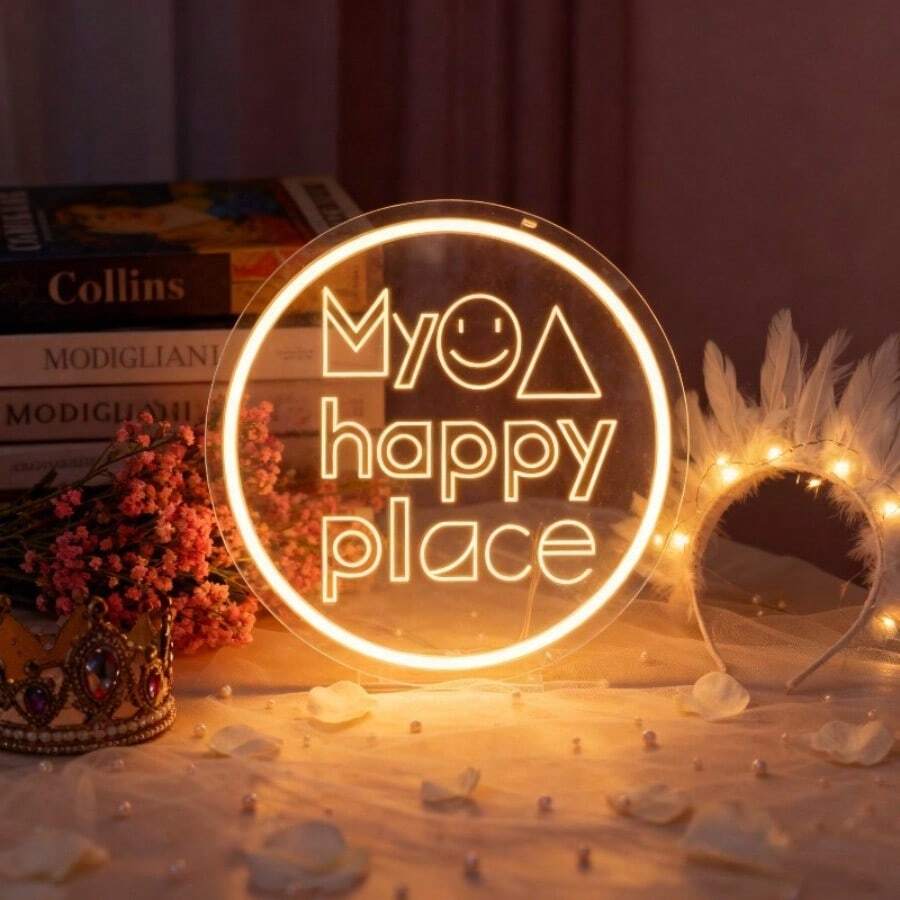 My Happy Place LED Neon Sign (M/ Face/Triangle Symbol), Christmas/New Year/Birthday/Valentine's Day Gift, USB Powered With Adjustable Brightness, Suitable For Decoration In Parties, Bars, Bedrooms, Living Rooms, Bookstores, And Cafes - Warm White - View 1