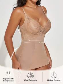 女士蕾丝拼接吊带塑身背心，收腹提臀，无缝塑形内衣，可作内搭或叠穿 - 杏色 - 查看 5