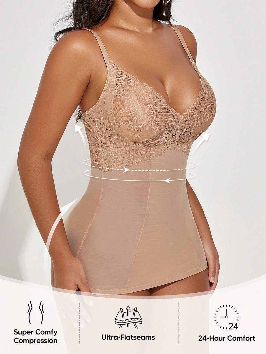 女士蕾丝拼接吊带塑身背心，收腹提臀，无缝塑形内衣，可作内搭或叠穿 - 杏色 - 查看 1