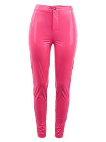 Women's Metallic Zipper Elastic Fabric High Waist Skinny Pants, PU Leather Slim Fit Y2K Style Casual Nightclub Party , Spring/Autumn - Hot Pink - View 3