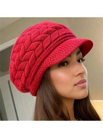 女士户外冬季加厚钩针保暖帽，复古纯色针织贝雷帽，轻便防风