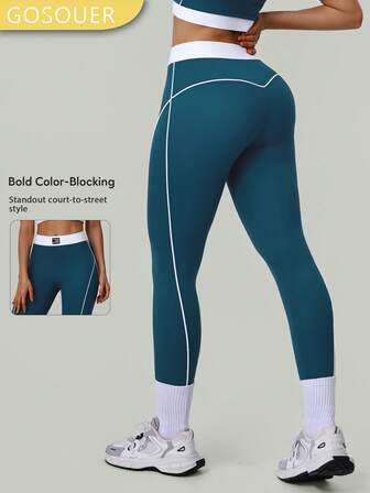 GOSOUER سروال رياضي نسائي بخصر ملون، مرن للغاية، يرفع الأرداف، مناسب للتدريب والركض واللياقة البدنية والتمارين الرياضية والرقص