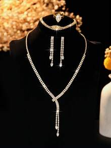 5件套奢华锆石几何项链、耳环、手链、戒指首饰套装，优雅奢华的配饰，适合日常通勤和新娘派对佩戴，是新晋女士的理想之选。 - 金色 - 查看 2