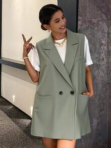 Livesso Solid Color Double-Breasted Sleeveless Blazer With Pockets Business Attire - Green - View 5