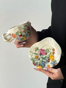 1pc Floral & Bird Lily Of The Valley Ceramic Coffee Cup, Minimalist Ins Style Curved Handle Coffee Cup, Elegant Afternoon Tea Cup, Creative Asymmetrical Handmade Cup & Saucer, Can Be Used As Dessert, Fruit Plate, Breakfast Oatmeal, Latte, Commercial Creative Coffee Cup, Mug, Tea Cup, Water Cup, Gift - Multicolor - View 4