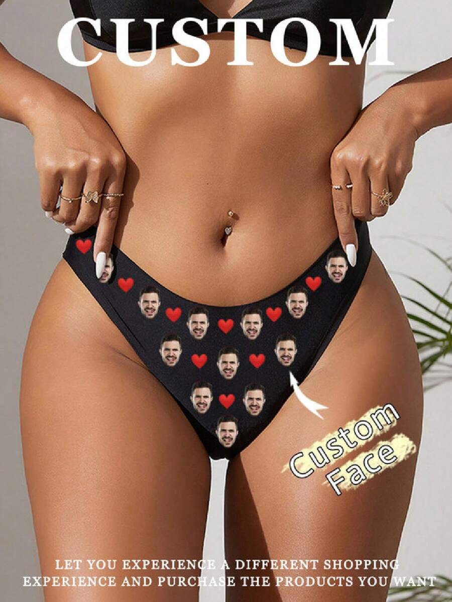 1 Set Customized Photo Print Women's Panties, Personalized Face Bride Panties, Seamless Underwear Wedding Anniversary Birthday Gift - Black - View 1
