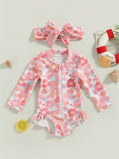 Kids Girls Rash Guard Swimsuit Romper Flamingo/Flower Print Zipper Long Sleeve Sun Bathing Suit With Headwear