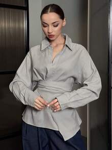 DAZY 女士半开襟侧系带套头衫休闲优雅长袖上衣 - 藍色 - 查看 4