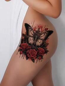 1pc Red Rose & Butterfly Flower Sexy Pattern Body Temporary Tattoo Sticker For Shoulder, Chest & Back - Nhiều màu - Xem 5