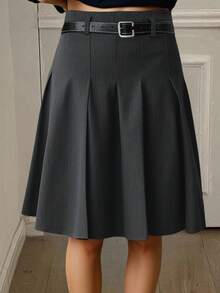 Livesso Women's Solid Color Pleated A-Line Midi Skirt, Casual College Style - Dark Grey - View 1