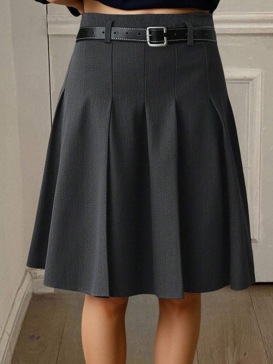 Livesso Women's Solid Color Pleated A-Line Midi Skirt, Casual College Style - Dark Grey - View 1