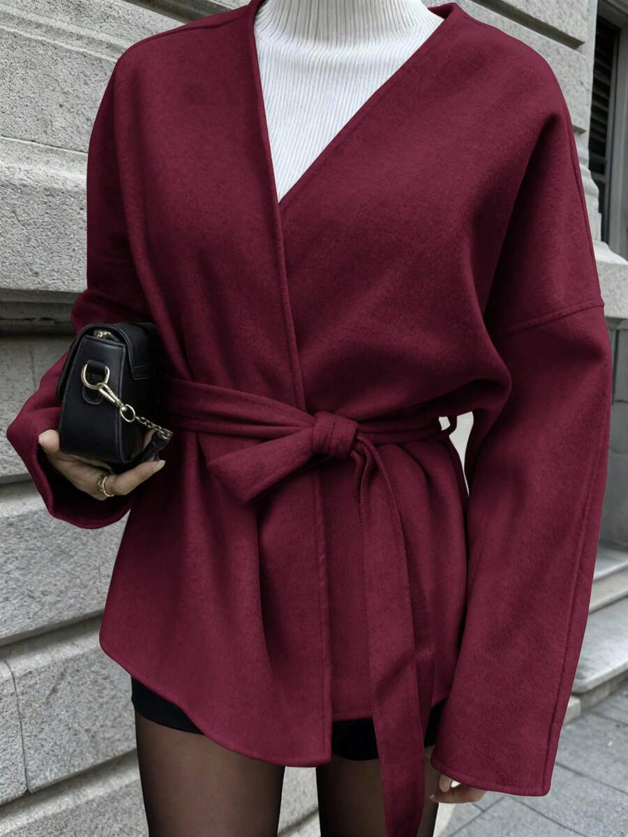 Vaiaye Women's Solid Color Wool Cardigan Coat, Suitable For New Year And Thanksgiving - Burgundy - View 1