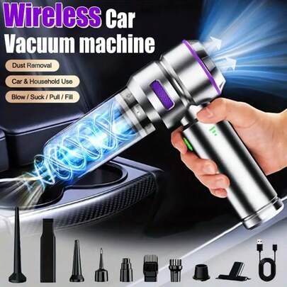 GHUSTAR 4-in-1 tragbarer Handstaubsauger – kabelloser Auto-Staubsauger mit Zubehör-Set, 3-stufige Leistungsregulierung, Akku-Anzeige, ideal für Auto, Haushalt uvm
