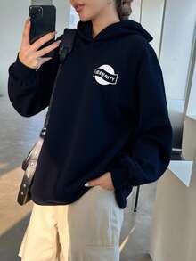 Livesso 秋季新款女士休闲宽松抓绒卫衣，长袖连帽衫，秋季女装 - 藍色 - 查看 5