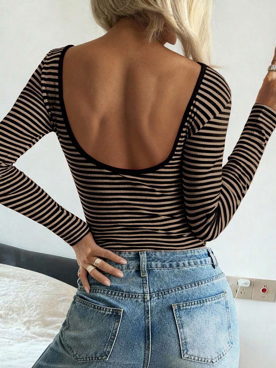 Vaiaye Women's Sexy Backless Striped Knit Long Sleeve Top, Backless Round Neck Casual T-Shirt, Suitable For Work Commute In Spring And Summer - Brown - View 1