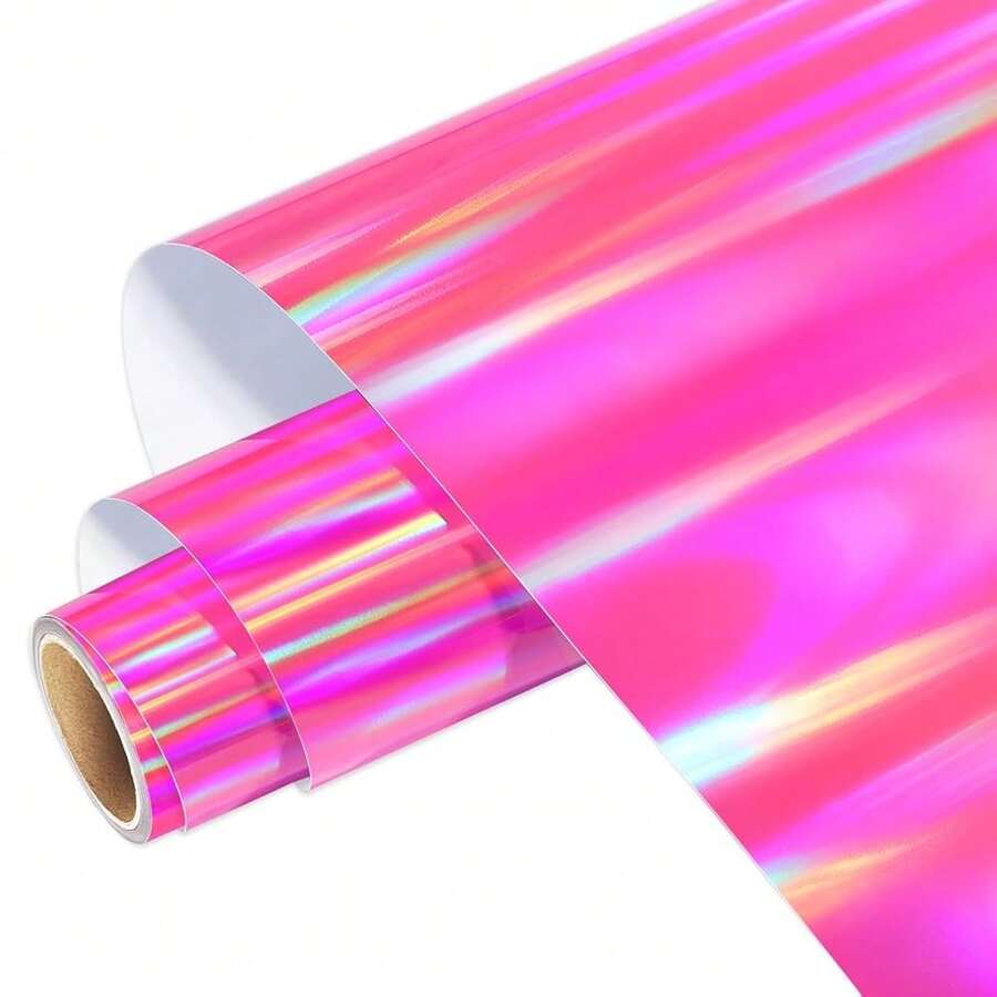 WRAPXPERT Holographic Vinyl Roll Pink, Holographic Permanent Vinyl Glossy Rainbow Craft 12\ X 5ft, Chrome No Bubble Iridescent For DIY Craft Decal, Hot Pink,12inchx5ft,HotPink - 亮粉紅色 - 查看 1
