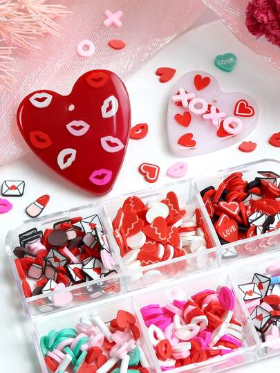 1 Box Mixed Valentine's Day Craft Resin Materials, Red Lip Heart Soft Clay Slice Resin Craft Accessories, Suitable For DIY Craft Epoxy Resin Silicone Mold Filler, Jewelry Casting Materials, Holiday Gift Decoration
