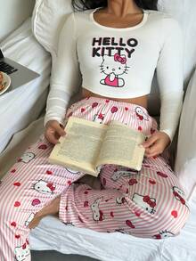 Sanrio 2pcs Women Stitch Print Crew Neck Long Sleeve Top + Elastic Waist Straight Pants Pajama Set - Pink - View 6