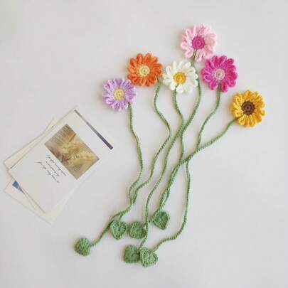 1 pieza Marcapáginas hecho a mano con margaritas y girasoles - Diseño floral de ganchillo en colores vibrantes de rosa, naranja y morado, de poliéster, regalo ideal para lectores, se puede usar como sujetacortinas, corbata o decoración de coche