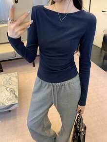 Women's Long Sleeve T-Shirt, Slim Fit, Autumn/Winter - Navy Blue - View 3