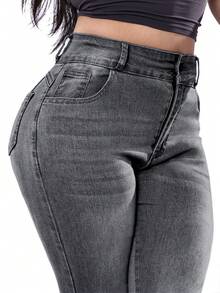 女士提臀牛仔裤，高弹力打底裤，时尚优雅，适合约会、通勤、休闲旅行、情人节和新年穿着。 - 中灰色 - 查看 6
