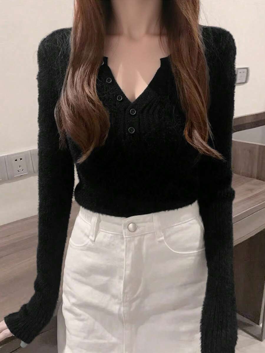 纯色圆领修身休闲女式毛衣,秋冬 - 黑色 - 查看 1