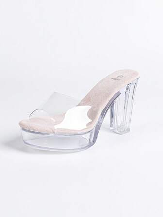 Sexy Super High Heel Slippers, Waterproof Platform Stilettos, Transparent Crystal Thick Heel Party Shoes For Women