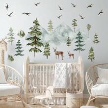 Mountain Wall Decals Large Pine Tree Wall Decals Peel And Stick Forest Tree Deer Birds Woodland Animal Decal Mountain Trees Stickers For  Room Nursery Decor,WoodlandAnimal - 林地動物 - 查看 3
