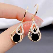 Fashionable Unique Niche Korean Style Ins Black Water Drop Earrings High-End Light Luxury Elegant Versatile Commemorative Gift Earrings - 金色 - 查看 2