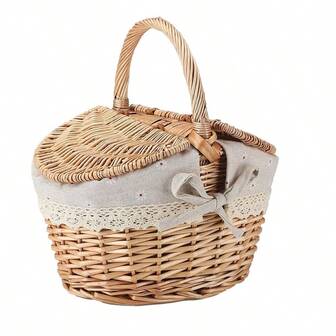 Cesta de mimbre hecha a mano Cesta de picnic tejida de mimbre y sauce con asa y tapa doble para almacenamiento de alimentos y frutas, para vacaciones, camping, compras, decoración del hogar. El tejido de sauce natural hecho a mano puede tener ligeras diferencias de color debido a factores de crecimiento, lo que no afecta a la estética o la usabilidad normal. Por favor, compre con confianza.