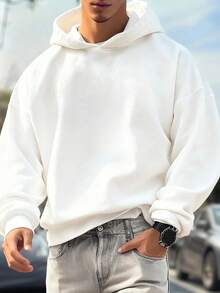 Áo hoodie nam dài tay, màu trơn, vai rớt, có dây rút và túi, kiểu dáng thường ngày, thích hợp cho mùa thu/đông, mùa tựu trường. - trắng - Xem 4